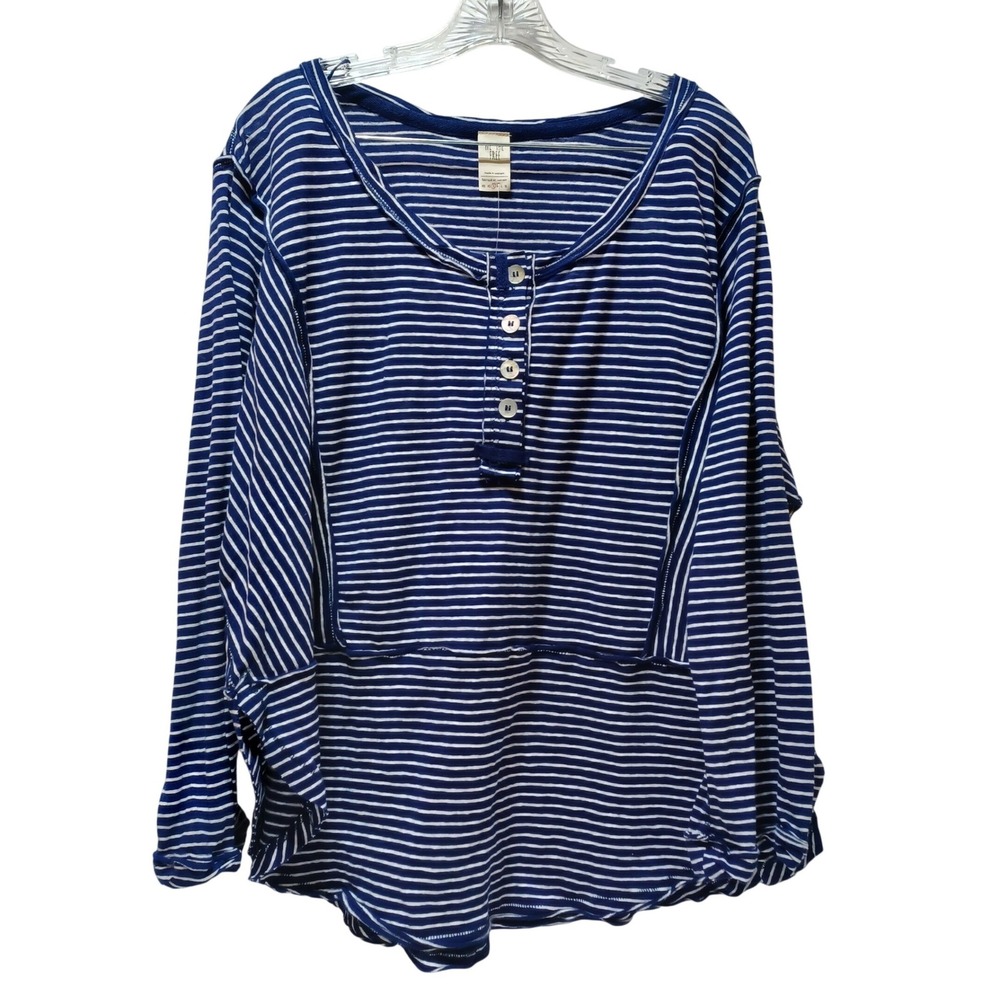 We The Free Womens S Hong Kong Henley Top Stripe Cotton Linen Coastal Nautical